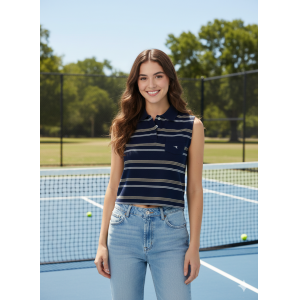 Polo smanicata  donna piquet righe blu