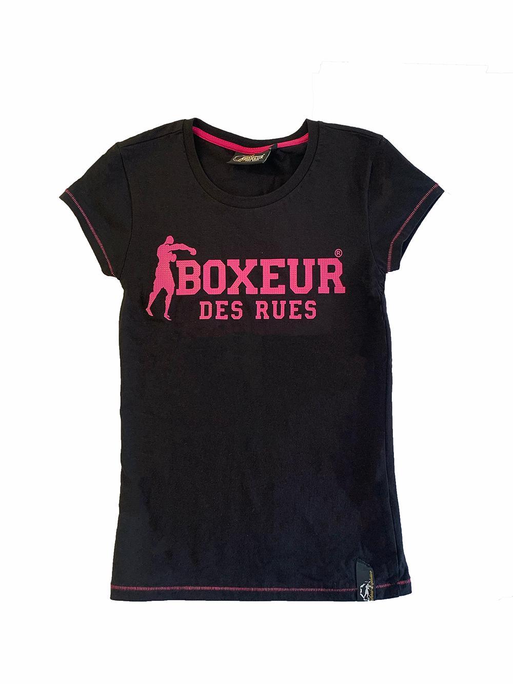 T-shirt Boxeur des rues donna in colore nero con stampa fucsia