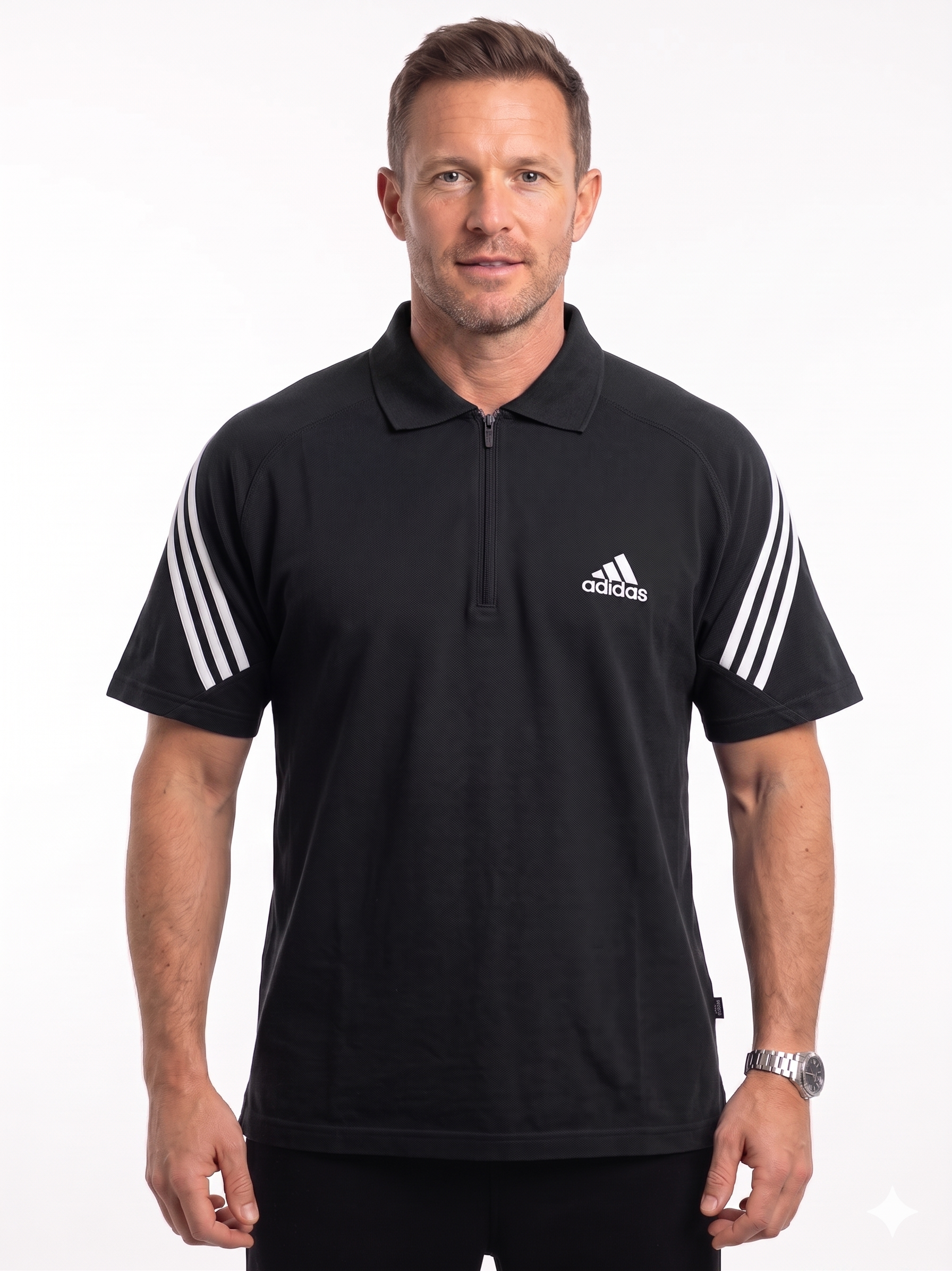 Polo Uomo Adidas Anni 90/Y2K con zip in cotone piquet Nero
