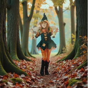 Vestito carnevale bambina strega o fata del bosco verde arancio