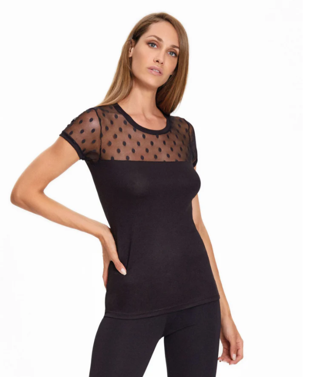 T-shirt mezza manica donna girocollo petto in tulle viscosa a pois Nero
