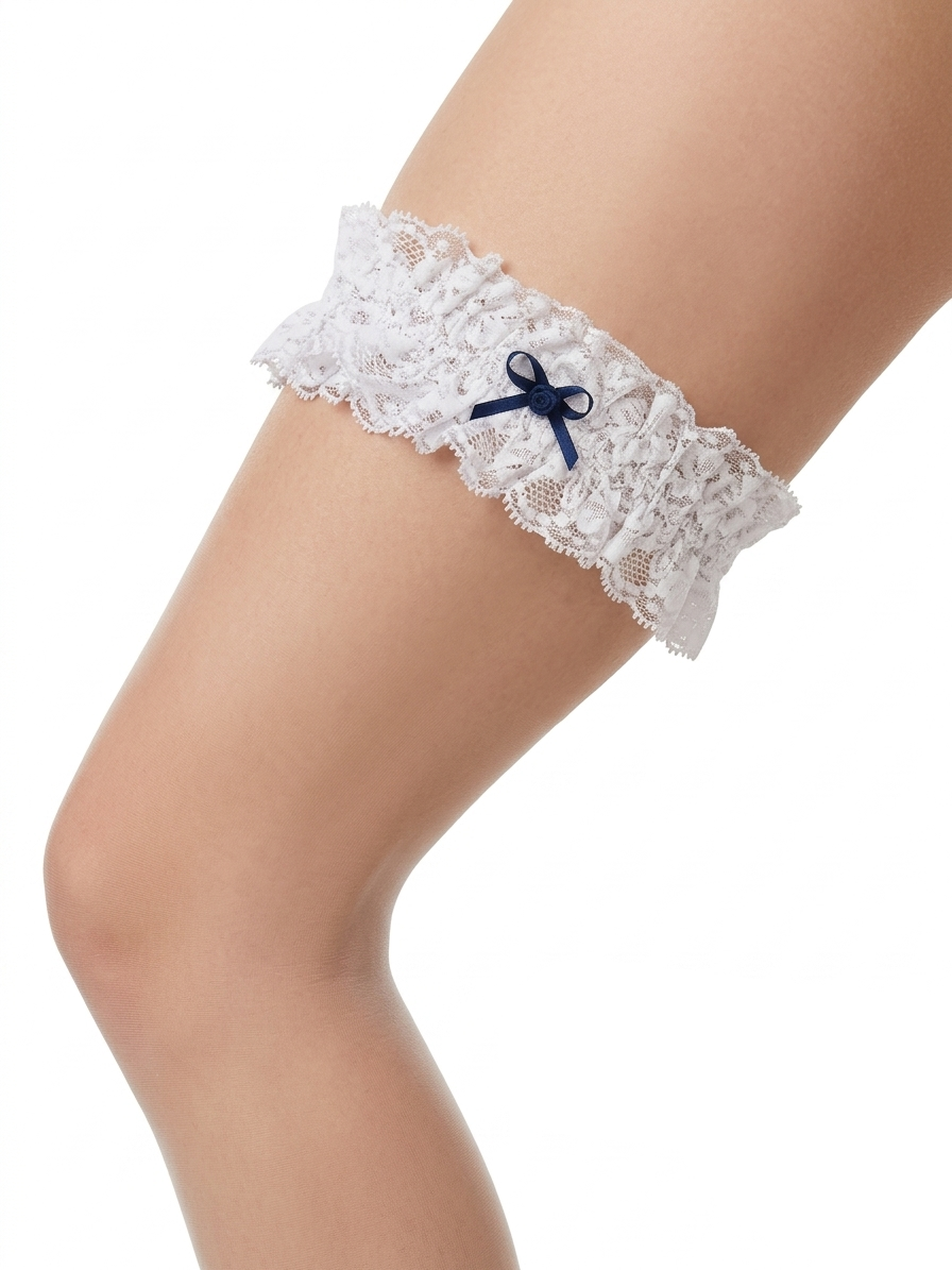 Giarrettiera merletto bianco con fiocchetto blu