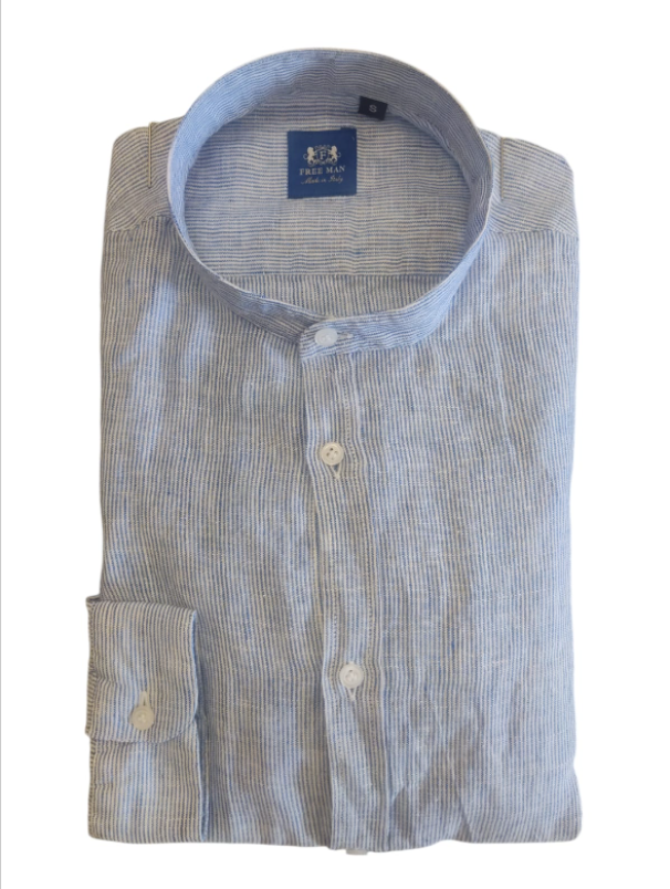 free man camicia uomo coreana manica lunga puro lino gessata riga distante - foto 2