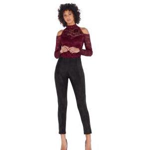 Leggings donna  in tessuto effetto scamosciato nero