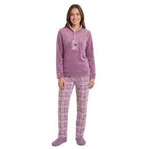 Pigiama donna pile con pantaloni quadri rosa
