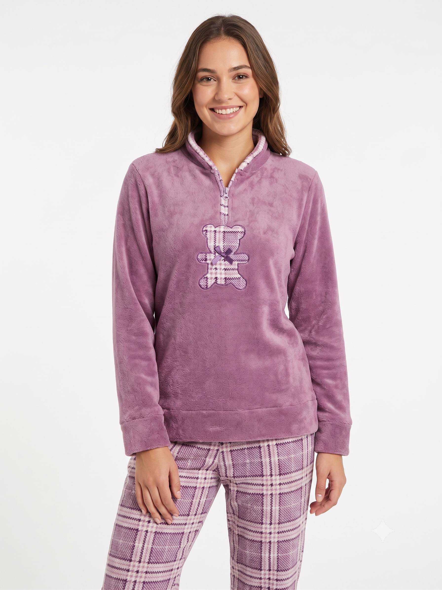 pigiama-donna-pile-con-pantaloni-quadri-rosa-02 Pigiama donna pile con pantaloni quadri Rosa