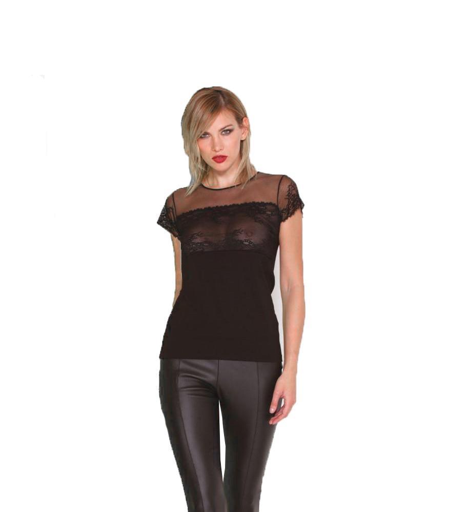 Rossoporpora maglia maniche corte con carru00e9 tulle e merletto Nero