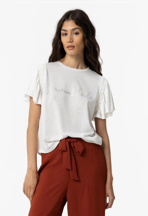 tiffosi t-shirt in lino con maniche volant bianco - foto 1