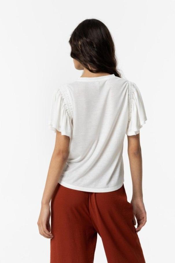 tiffosi t-shirt in lino con maniche volant bianco - foto 2