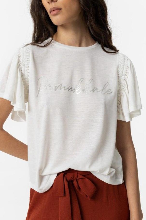 tiffosi t-shirt in lino con maniche volant bianco - foto 3