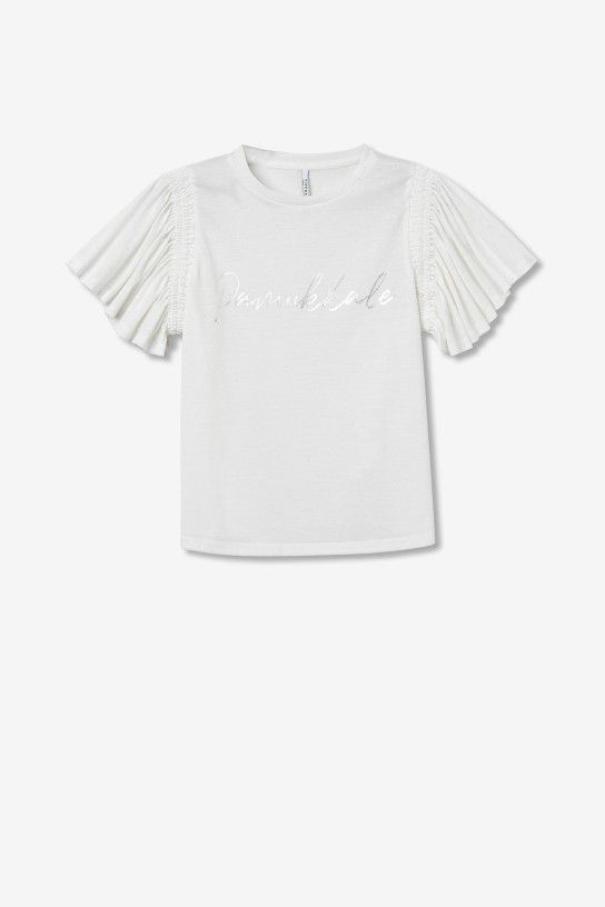 tiffosi t-shirt in lino con maniche volant bianco - foto 4