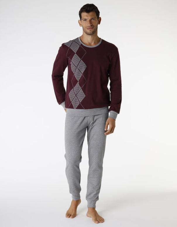 lovable pigiama lungo in interlock di cotone, bordeaux e grigio melange bordeaux - foto 1