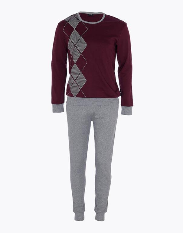 lovable pigiama lungo in interlock di cotone, bordeaux e grigio melange bordeaux - foto 3