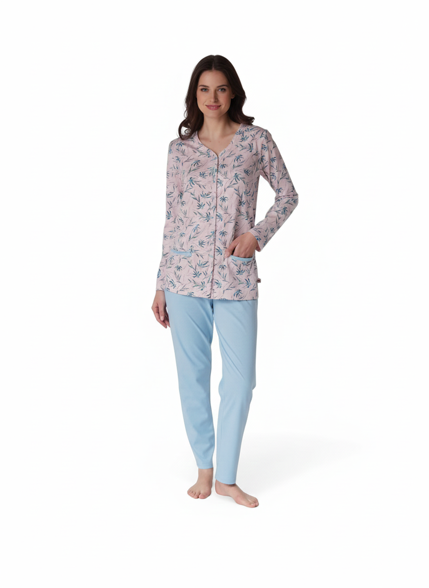 Pigiama donna aperto cotone jersey fantasia ramage Rosa