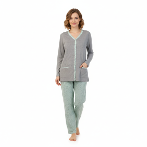 Pigiama donna aperto cotone jersey bordino e pantalone fantasia grigio