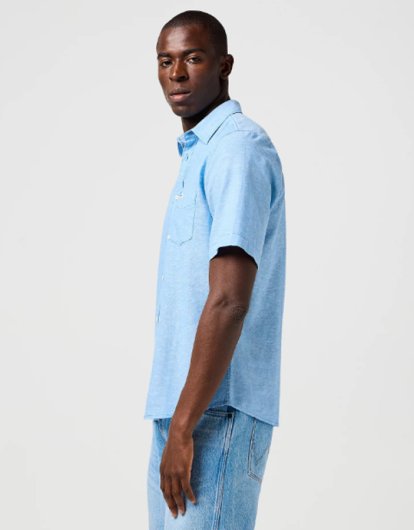 Camicia manica corta misto lino 1 taschino regular Wrangler Celeste