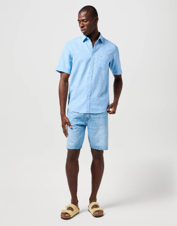 Camicia manica corta misto lino 1 taschino regular Wrangler Celeste