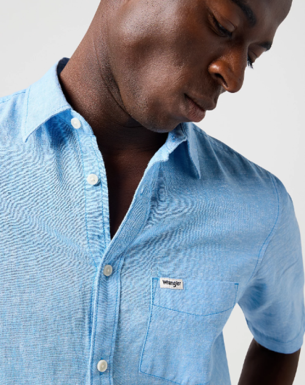 Camicia manica corta misto lino 1 taschino regular Wrangler Celeste