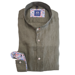 Camicia  uomo puro lino coreana slim verde militare