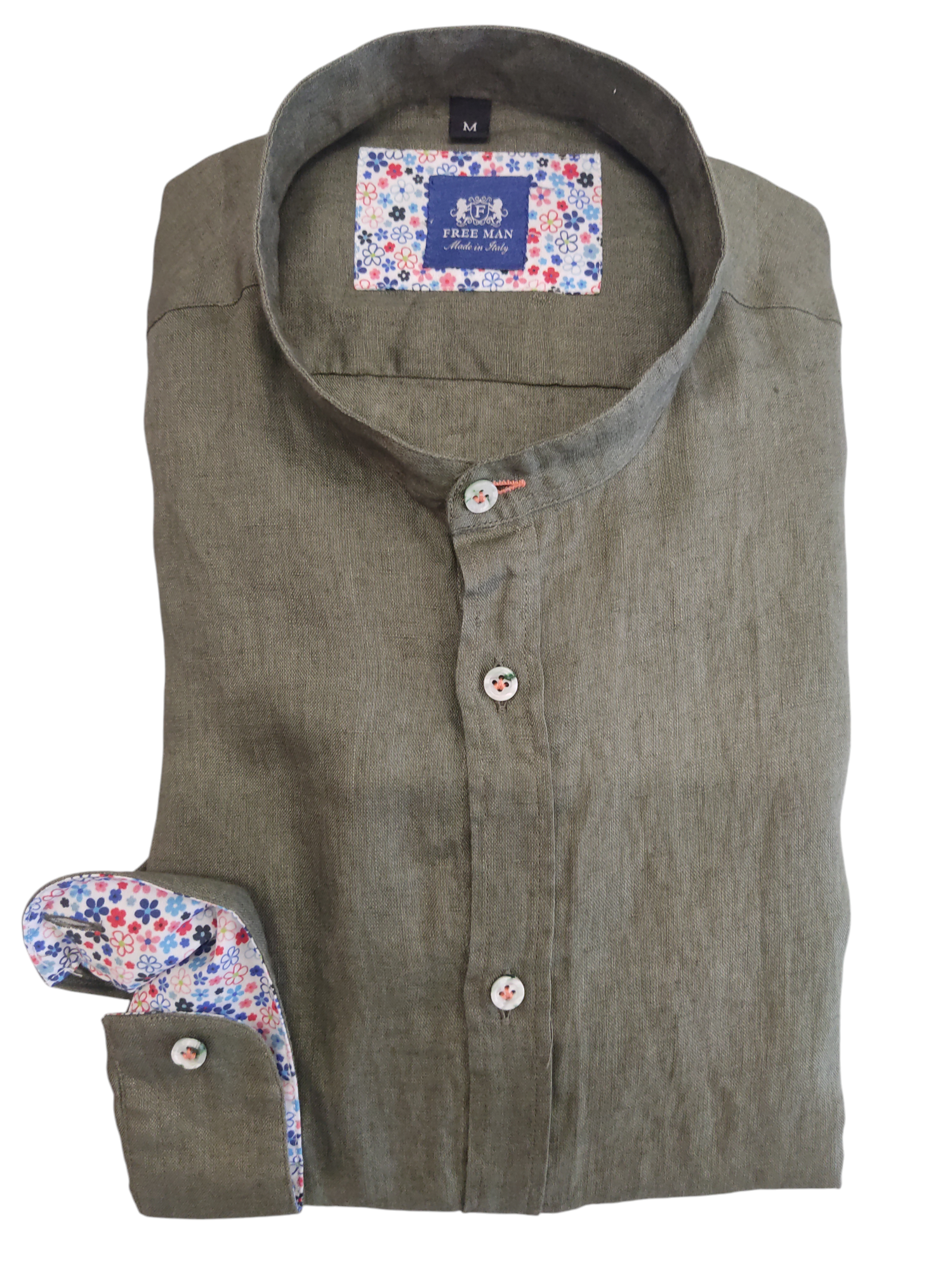 Camicia Free Man uomo puro lino coreana slim Verde Militare