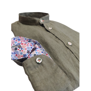 Camicia  uomo puro lino coreana slim verde militare