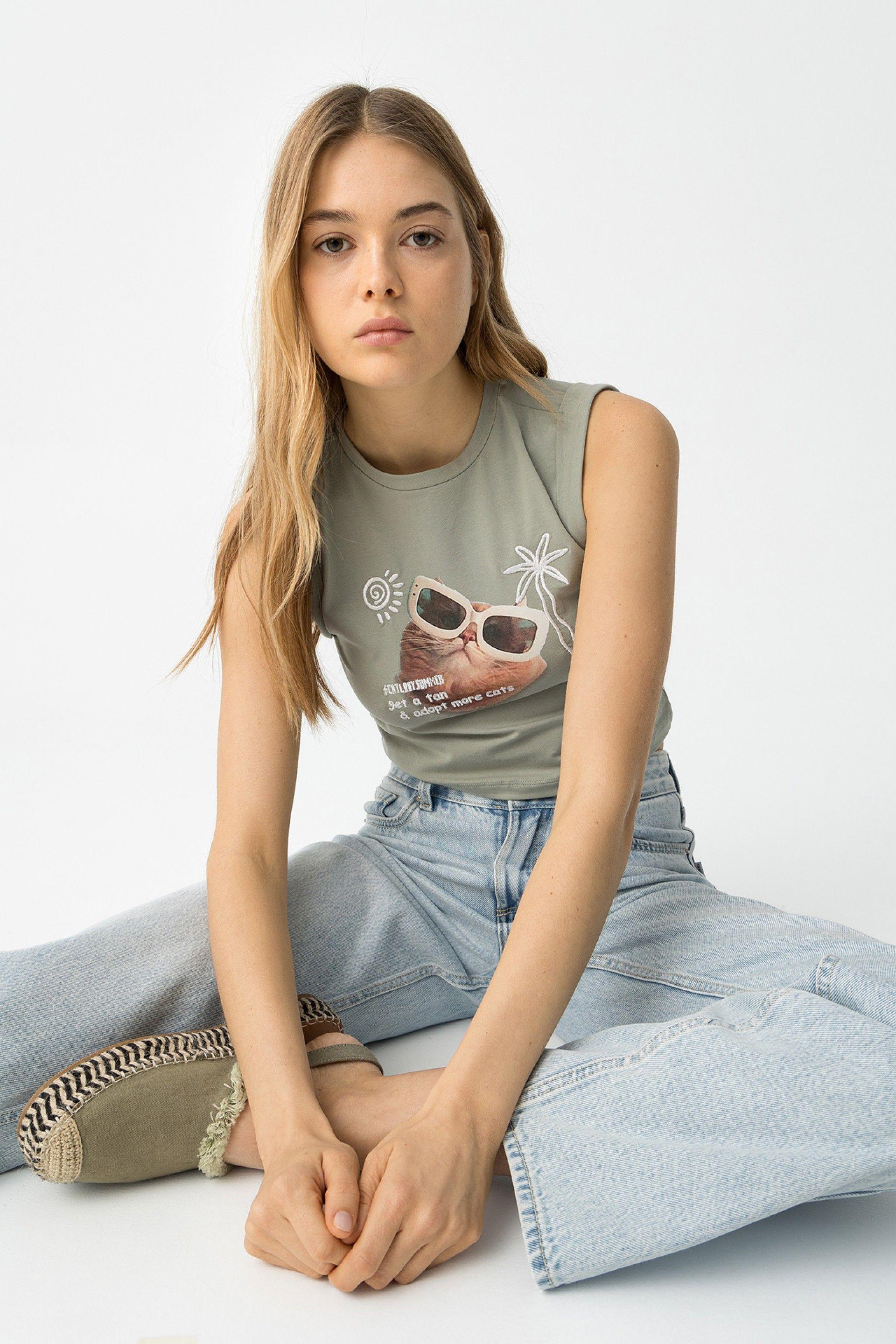 Canotta crop ragazza Tiffosi con stampa gattino