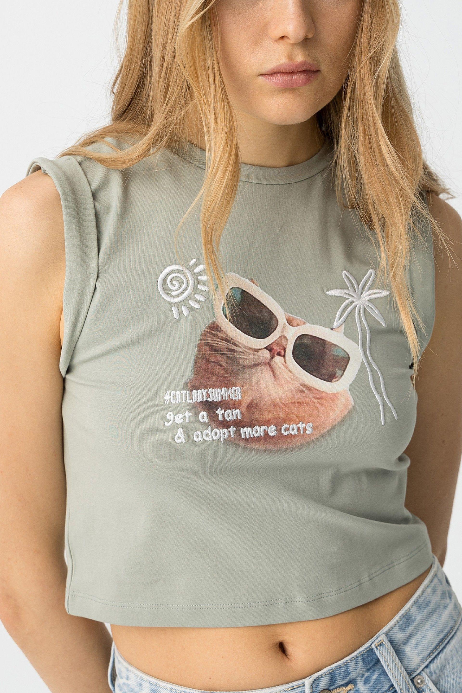 Canotta crop ragazza Tiffosi con stampa gattino