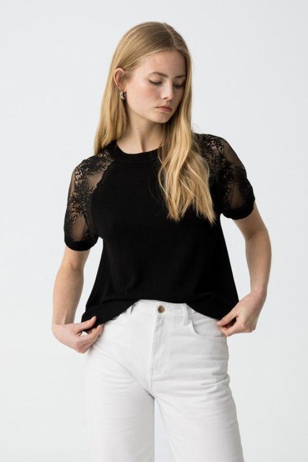 T-shirt in maglia con maniche in pizzo Tiffosi donna