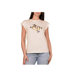 T-shirt donna  stampa con glitter beige