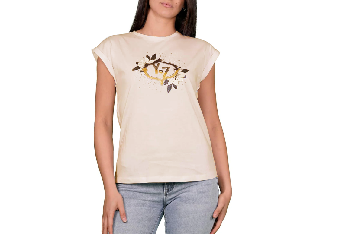T-shirt donna Yes Zee stampa con glitter beige