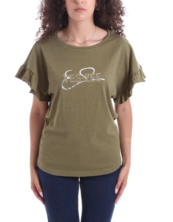 T-shirt Yes Zee donna con maniche volant verde