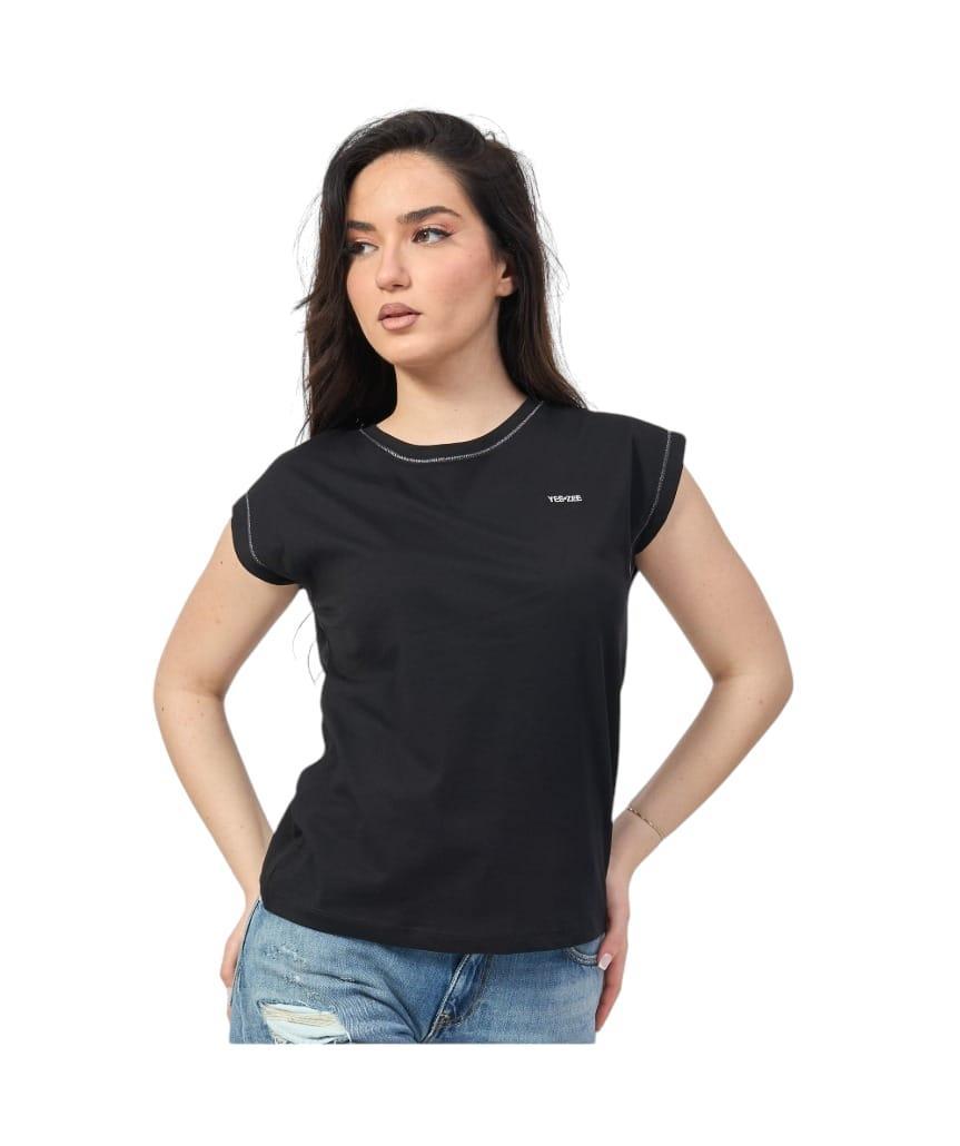 T-shirt girocollo donna in cotone Yes Zee nero