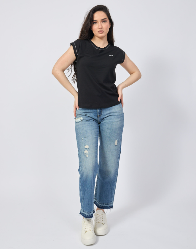 T-shirt girocollo donna in cotone Yes Zee nero