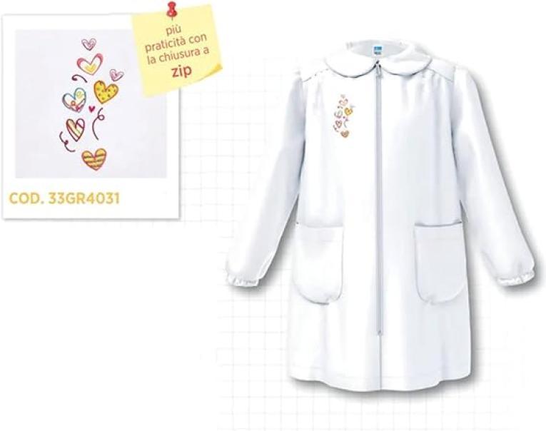 Grembiule bambina Siggi bianco con zip disegno cuoricini