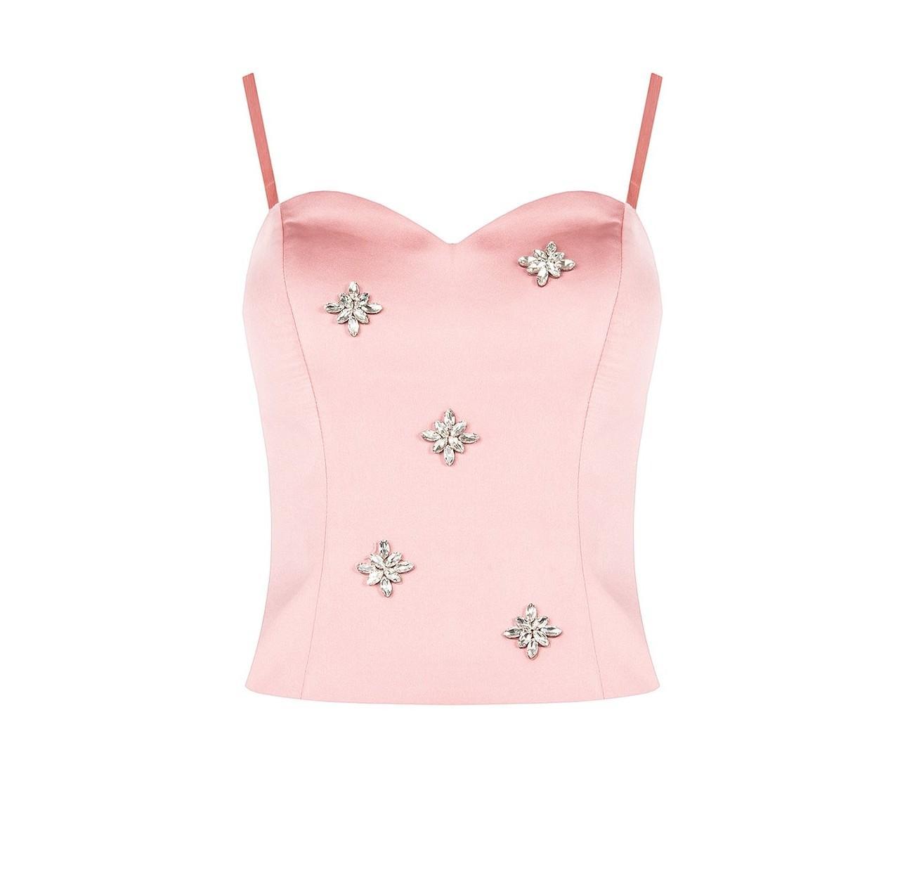 Top bustier in raso con cristalli Cabochon Rinascimento rosa