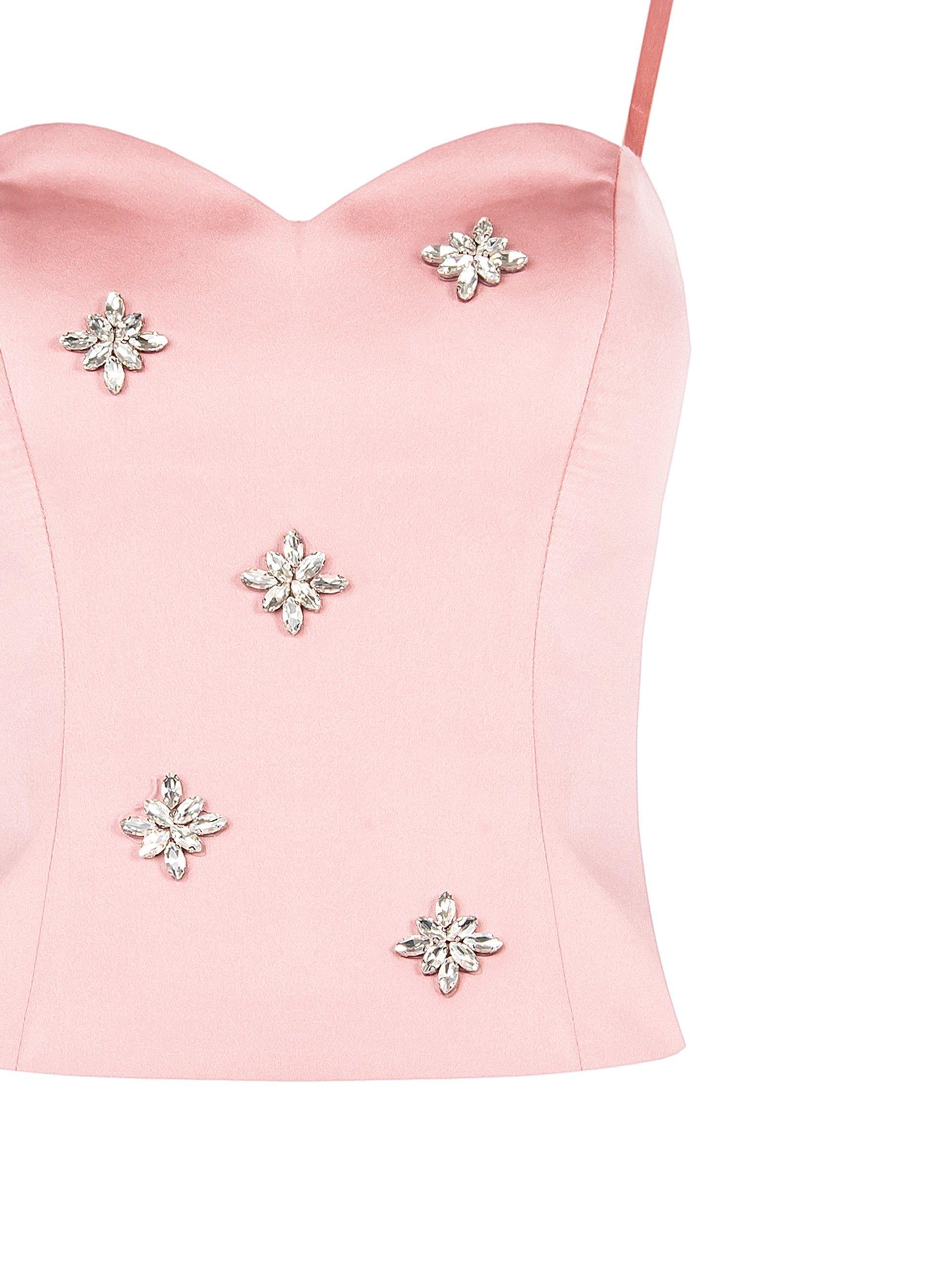 Top bustier in raso con cristalli Cabochon Rinascimento rosa