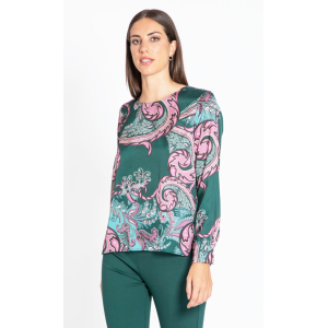 Blusa in raso verde fantasia  donna