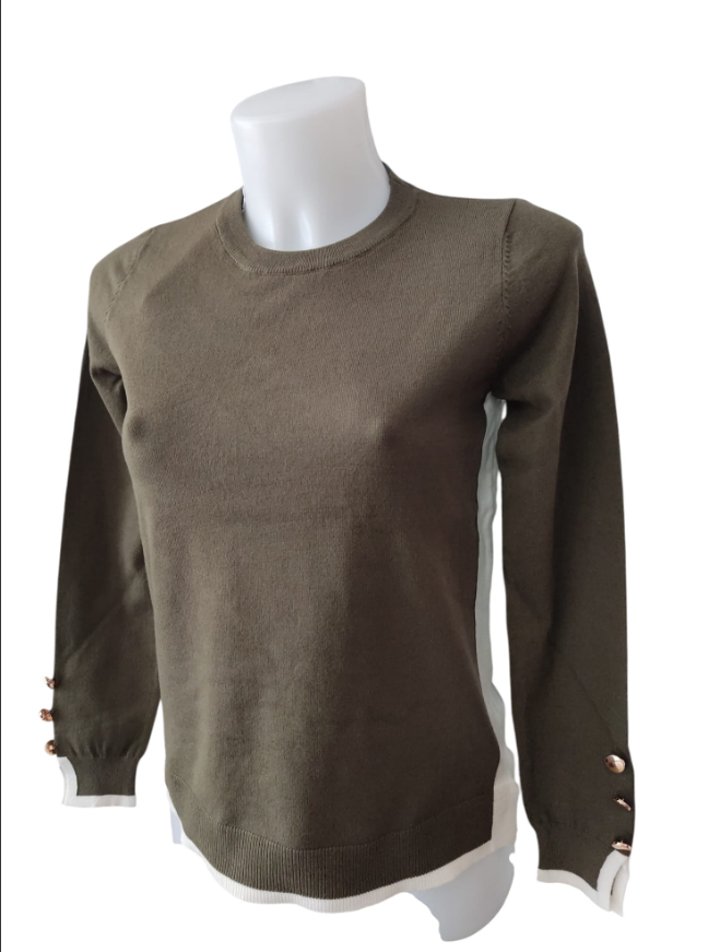 nina grey paricollo viscosa fianchi contrasto + bottoni polsi verde militare - foto 1