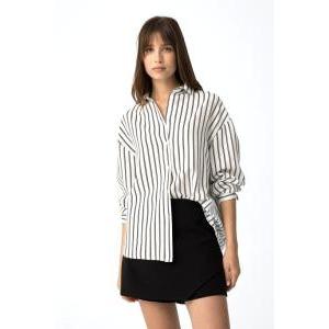 Camicia donna a righe misto lino cotone