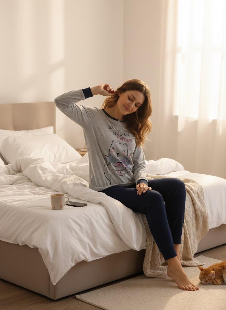 Pigiama donna cotone interlock gattino