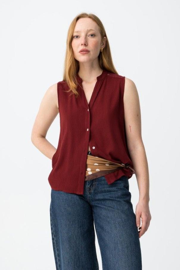 camicia senza maniche TIFFOSI bordeaux donna dettagli pizzo chiusura bottoni