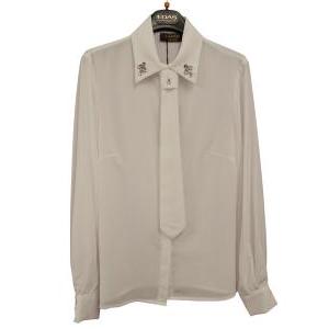 Camicia raso con strass collo + cravatta bianco