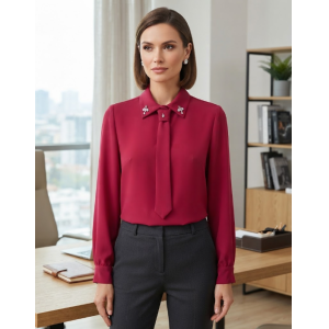 Camicia raso con strass collo + cravatta bordeaux